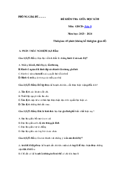 Đề thi giữa học kì 2 môn Giáo dục công dân 8 năm 2023 - 2024 sách CTST - Đề 2