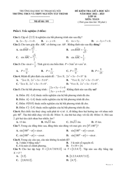 Đề giữa học kì 1 Toán 10 năm 2022 – 2023 trường Nguyễn Tất Thành – Hà Nội