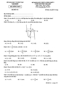 Đề thi thử THPT Quốc gia năm 2022 môn Toán lần 2 Sở GD&ĐT Nam Định (có đáp án)
