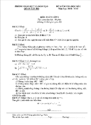 Đề kiểm tra học kỳ 1 Toán 9 năm 2018 – 2019 phòng GD&ĐT Tây Hồ – Hà Nội