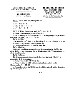 Đề kiểm tra học kỳ 2 Toán 9 năm 2019 – 2020 trường THCS Trường Thạnh – TP HCM