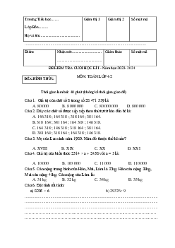 Đề thi học kì 1 môn Toán 4 năm 2023 - 2024 sách Chân trời sáng tạo | đề 2