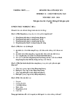 Đề thi giữa học kì 1 môn Sinh học 11 năm 2023 - 2024 sách Chân trời sáng tạo