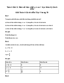 Giải Toán 8 Bài 3: Hàm số bậc nhất y = ax + b (a khác 0) | Cánh diều