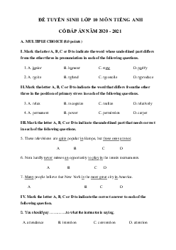 Đề thi tuyển sinh lớp 10 môn Anh số 5 năm 2020-2021