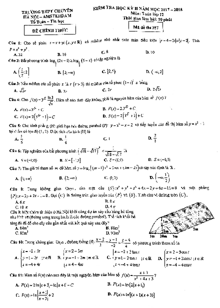 Đề kiểm tra học kỳ 2 Toán 12 năm 2017 – 2018 trường chuyên Hà Nội – Amsterdam