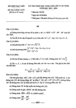 Đề học sinh giỏi Toán 9 cấp tỉnh năm 2023 – 2024 sở GD&ĐT Bạc Liêu