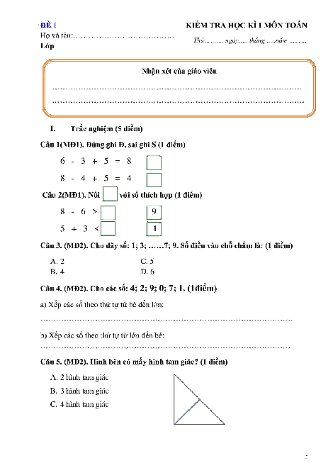 Bộ đề ôn thi học kì 1 môn Toán lớp 1 | Kết nối tri thức