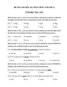 Đề thi học kì 2 lớp 12 môn Tiếng Anh trường THPT Tân Yên 2 năm học 2018 - 2019