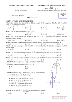 Đề cuối kì 1 Toán 12 năm 2023 – 2024 trường THPT chuyên Hạ Long – Quảng Ninh