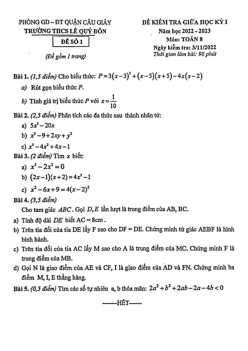 Đề giữa học kỳ 1 Toán 8 năm 2022 – 2023 trường THCS Lê Quý Đôn – Hà Nội