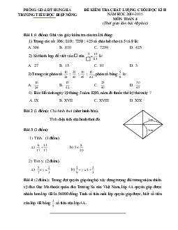 Đề kiểm tra chất lượng cuối học kì 2 môn Toán lớp 4 năm 2015 trường tiểu học Điệp Nông, Thái Bình