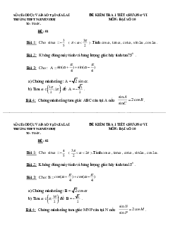 Đề kiểm tra Đại số 10 chương 6 trường THPT Nguyễn Huệ – Gia Lai
