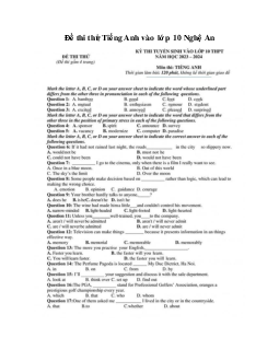 Đề thi thử tiếng Anh vào lớp 10 Nghệ An năm 2023-2024 số 1
