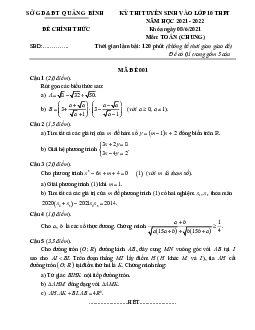 Đề tuyển sinh lớp 10 môn Toán năm 2021 – 2022 sở GD&ĐT Quảng Bình