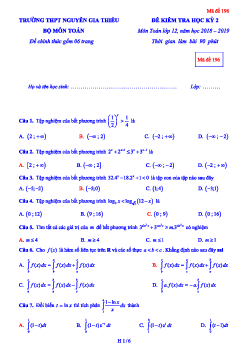 Đề kiểm tra HK2 Toán 12 năm 2018 – 2019 trường Nguyễn Gia Thiều – Hà Nội