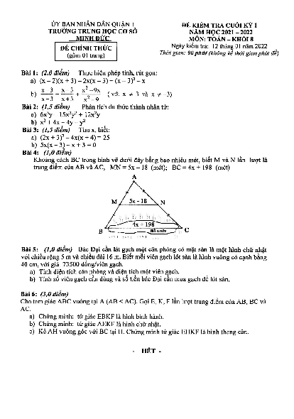 Đề thi cuối kỳ 1 Toán 8 năm 2021 – 2022 trường THCS Minh Đức – TP HCM