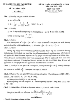 Đề tuyển sinh lớp 10 THPT môn Toán năm 2022 – 2023 sở GD&ĐT Hà Tĩnh