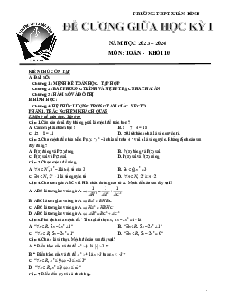 Đề cương giữa kỳ 1 Toán 10 năm 2023 – 2024 trường THPT Xuân Đỉnh – Hà Nội