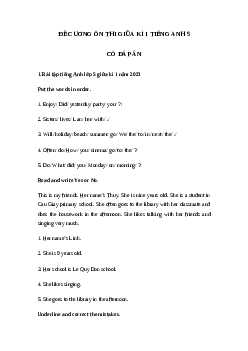 Đề cương ôn thi giữa kì 1 lớp 5 môn tiếng Anh năm 2023 - 2024