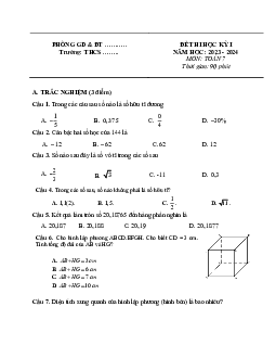 Đề thi học kì 1 môn Toán 7 năm 2023 - 2024 sách Cánh diều - Đề 7