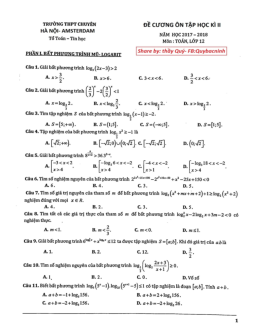 Đề cương ôn tập HK2 Toán 12 năm 2017 – 2018 trường THPT chuyên Hà Nội – Amsterdam