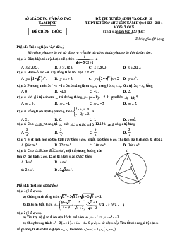 Đề tuyển sinh lớp 10 không chuyên môn Toán năm 2023 – 2024 sở GD&ĐT Nam Định