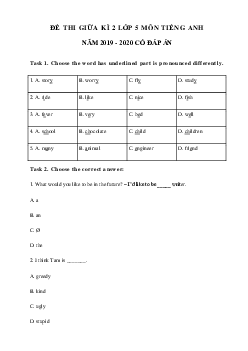 Đề kiểm tra giữa kì 2 lớp 5 môn tiếng Anh năm 2019 - 2020
