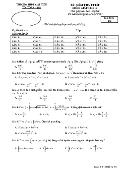 Đề kiểm tra Giải tích 12 chương 3 (Nguyên hàm – Tích phân) trường Cát Tiên – Lâm Đồng