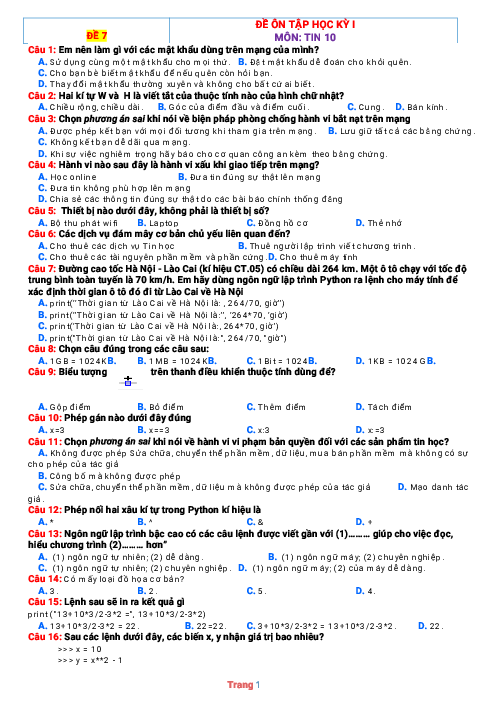 Đề kiểm tra HK 1 Tin 10 Kết nối tri thức (có đáp án-Đề 7)