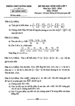 Đề thi học sinh giỏi Toán 7 năm 2023 – 2024 phòng GD&ĐT Quảng Ninh – Quảng Bình