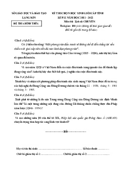 Đề thi HSG Sử 12 Chuyên Sở GD-ĐT Lạng Sơn 2021-2022 (có đáp án)