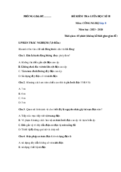 Bộ đề thi giữa học kì 2 môn Công nghệ 8 năm 2023 - 2024 sách Cánh diều - Đề 2
