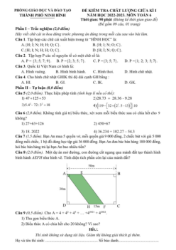 Đề giữa kì 1 Toán 6 năm 2022 – 2023 phòng GD&ĐT thành phố Ninh Bình