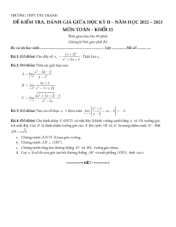 Đề giữa học kỳ 2 Toán 11 năm 2022 – 2023 trường THPT Tây Thạnh – TP HCM