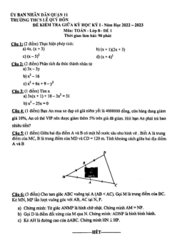 Đề giữa học kỳ 1 Toán 8 năm 2022 – 2023 trường THCS Lê Quý Đôn – TP HCM