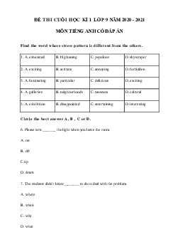 Đề thi học kì 1 lớp 9 môn tiếng Anh năm 2020 - 2021