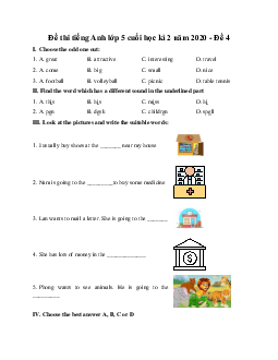 Đề thi tiếng Anh lớp 5 cuối học kì 2 năm 2020 - Đề 4