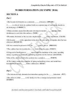 (Compiled by Chuyên Tiếng Anh – CVT & EnGrisk) WORD FORMATION (OLYMPIC 2016)