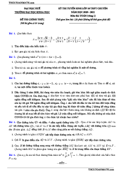Đề thi vào 10 chuyên môn Toán năm 2020 – 2021 trường ĐHKH Huế (vòng 1)