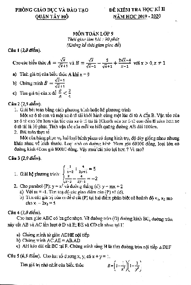Đề thi học kì 2 Toán 9 năm học 2019 – 2020 phòng GD&ĐT Tây Hồ – Hà Nội