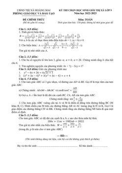 Đề học sinh giỏi Toán 9 năm 2022 – 2023 phòng GD&ĐT Hoàng Mai – Nghệ An