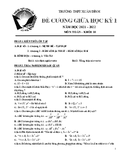 Đề cương giữa học kỳ 1 Toán 10 năm 2021 – 2022 trường THPT Xuân Đỉnh – Hà Nội