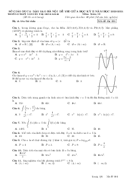 Đề thi giữa kỳ 2 Toán 12 năm 2020 – 2021 trường Nguyễn Thị Minh Khai – Hà Nội