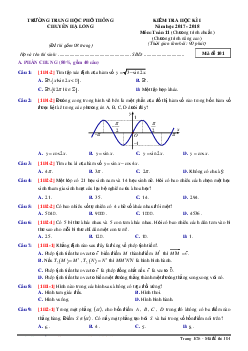 Đề thi học kỳ 1 môn Toán lớp 11 năm học 2017 - 2018 trường THPT Chuyên Hạ Long, Quảng Ninh (có đáp án)