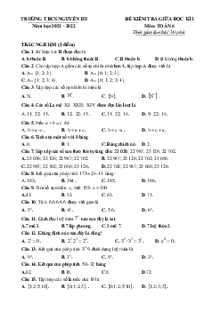 Đề kiểm tra giữa học kì 1 Toán 6 năm 2021 – 2022 trường THCS Nguyễn Du – Hà Nội