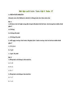 Bài tập cuối tuần lớp 3 môn Toán Cánh Diều - Tuần 17