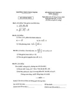 Đề thi khảo sát lớp 9 môn Toán trường THCS Thái Thịnh năm học 2020 - 2021