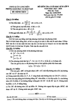 Đề thi cuối học kì 2 Toán 9 năm 2023 – 2024 phòng GD&ĐT Long Biên – Hà Nội