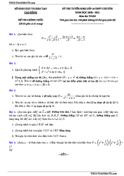 Đề tuyển sinh lớp 10 chuyên môn Toán năm 2020 – 2021 sở GD&ĐT Cao Bằng